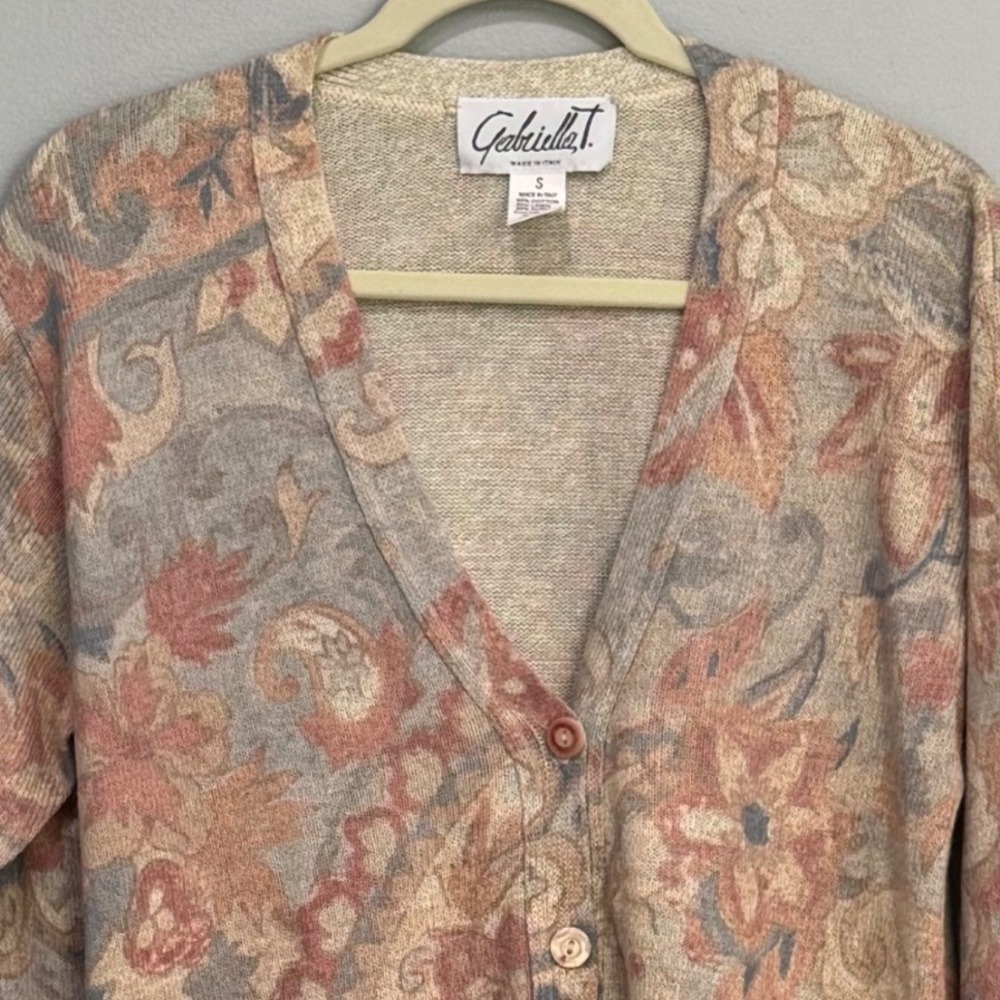 Gabriella T. Italy Floral Paisley Cotton Linen Knit Cardigan Sweater Sm cottage - Picture 2 of 7